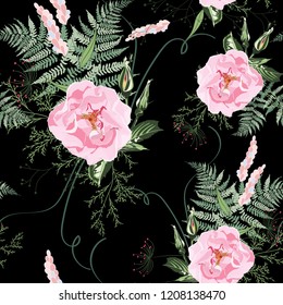 Seamless pattern of wild roses. Vintage bouquet of blooming roses, fern and herbs. Black background.
