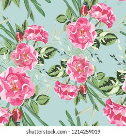 Seamless pattern of wild roses. Vintage bouquet of blooming roses and greenery. Rustic background.