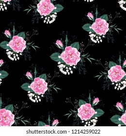 Seamless pattern of wild roses. Vintage bouquet of blooming roses. Black background.