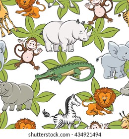 Seamless pattern with wild safari animals and green leaves. Vector illustration