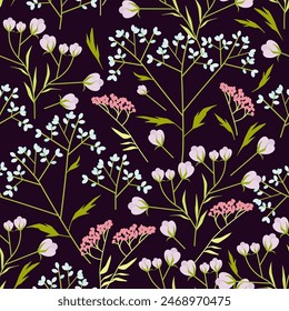 Seamless pattern of wild small wildflowers on a dark background
