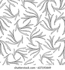 Seamless pattern with wild sprig/ Hand drawn field plants background in sketchy style/ Vector illustration in black and white