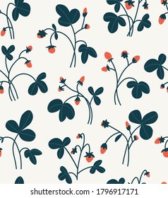 Seamless pattern of wild strawberries branches and leaves. Colored flat cartoon vector illustration isolated on beige background. Concept of the wild nature.