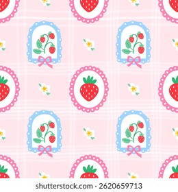 Seamless pattern with wild strawberries, checkered texture, and pastel colors. Suitable for textile design, romantic wrapping paper, and aesthetic summer prints
