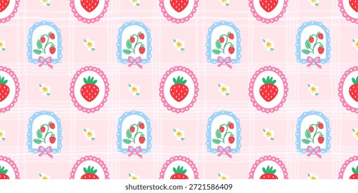 Patrón sin fisuras con fresas silvestres, textura a cuadros y colores pastel. Adecuado para el diseño textil, papel de embalaje romántico y estéticos estampados de verano