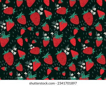 Seamless pattern with wild strawberries, flowers in a simple hand-drawn Scandinavian style Abstract strawberry berries on a dark green background print. Beautiful botanical print, summer motifs Vector