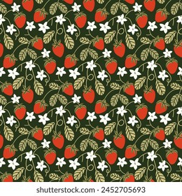 
Seamless pattern wild strawberries and flowers, perfect for summer. This seasonal wallpaper captures the charm of strawberries, suitable for fabric, wrapping paper.