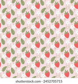 
Patrón sin costuras de fresas silvestres y flores, perfecto para el verano. Este Fondo de pantalla de temporada captura el encanto de las fresas, adecuado para tela, papel de embalaje.