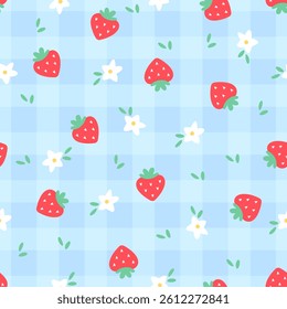 Seamless pattern with wild strawberries, flowers, and a gingham bg. Cute and pastel vector design perfect for textiles, wrapping paper, children clothing