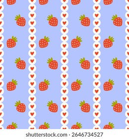 Seamless pattern with wild strawberries and hearts accents. A sweet, hand-drawn vector design perfect for summer textiles, nursery decor, and childrens clothing.