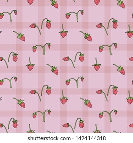Seamless pattern with wild strawberries on pink background for fabric, textile, clothes, tablecloth, post cards and other things. Endless background for your design. Vector image. 