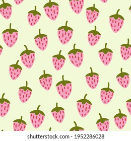 Seamless pattern with wild strawberries on a light green background.