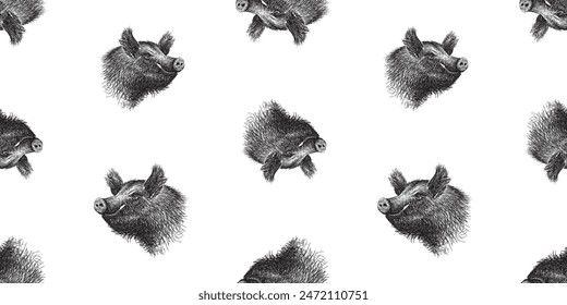 Seamless pattern of wild swine heads hand drawings, white background, vector illustration