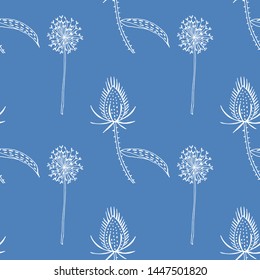 Seamless pattern of wild teasel and dandelions. Great for textiles, and home decor project. Vector file.