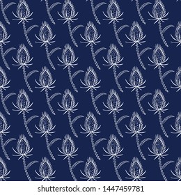 Seamless pattern of wild teasels on a navy background.