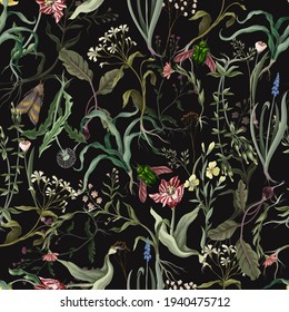 Seamless pattern with wild thin flowers and insects. Trendy botanical print