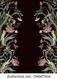 Seamless pattern with wild thin flowers and insects. Trendy botanical print