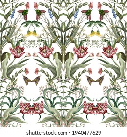 Seamless pattern with wild thin flowers and insects. Trendy botanical print