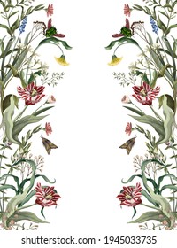 Seamless pattern with wild thin flowers and insects. Trendy botanical print