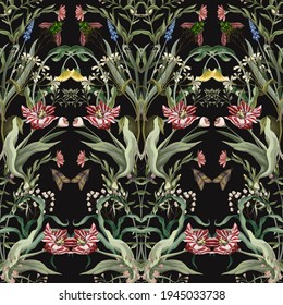 Seamless pattern with wild thin flowers and insects. Trendy botanical print