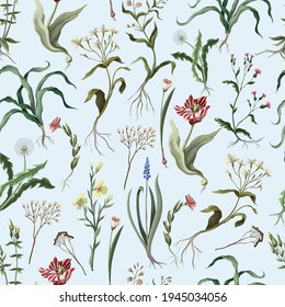 Seamless pattern with wild thin flowers. Trendy botanical print