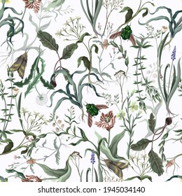 Seamless pattern with wild thin flowers and insects. Trendy botanical print