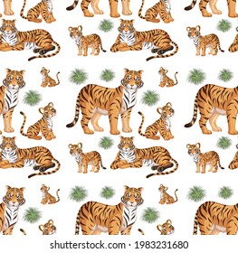 Seamless pattern with wild tiger in many poses on white background illustration