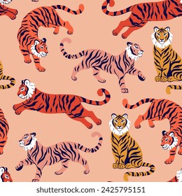 Seamless pattern with wild tigers in orange and yellow colors. Vector graphics.