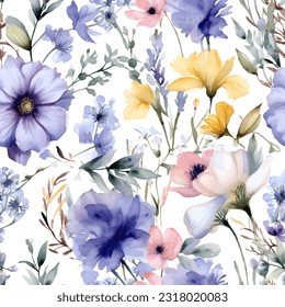 Seamless pattern with wild tropical flowers. Watercolor illustration