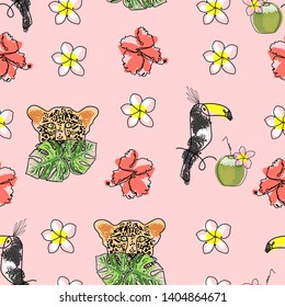 seamless pattern with wild tropical hand drawn leopard character hiding in the green jungle floral rainforest  cartoon hand drawn doodle style. wild life background