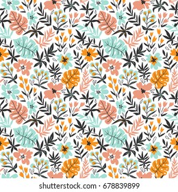 Seamless pattern with wild tropical plants and flowers. Tropic vector repeating background.