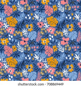 Seamless pattern with wild tropical plants and flowers. Tropic vector repeating background.