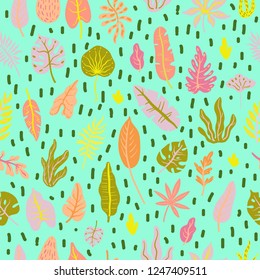 Seamless pattern with wild tropical rainforest plants. Elements of tropic design.