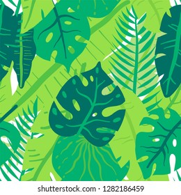 Seamless pattern with wild tropical rainforest plants. Elements of tropic design.