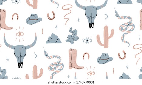 Patrón sin foco. Oeste salvaje, cráneo de búfalo, ojo, montañas, cactus, sombrero de vaquero, bota de vaquero, víbora. Ilustración vectorial.