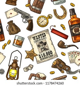 Nahtloses Muster Wild West und Casino. Sheriff-Stern, Revolver, Würfel, Hufeisen, wollte Poster, Whiskey, Geldbeutel, Münzen, Kugel, Uhr, Bombe, Lampe. Vektor Vintage Farbstich einzeln auf Weiß