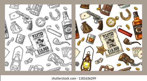 Seamless pattern Wild West and casino. Sheriff star, revolver, dice, horseshoe, wanted poster, whiskey, money bag, coins, bullet, watch, bomb, lamp. Vector vintage color and black engraving on white