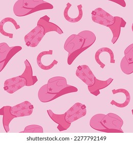 Seamless pattern wild west. Cowgirl vector elements repeating on a pink background. Cowboy hat, boots, horseshoe. Flat style hand drawn wallpaper