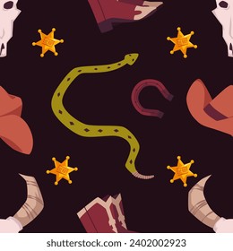 Seamless pattern with wild west cowgirl or cowboy attributes. Vintage accessories in retro western style. Hat, boots, snake, buffalo skull and horseshoe, sheriff's badge cartoon vector on dark