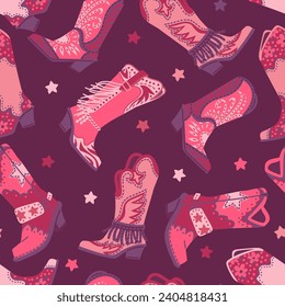 Seamless pattern with wild west cowgirl boots with floral print and fringe. Leather shoes vintage style for cowgirl. Rodeo boots, retro west accessory. Western female footwear vector illustration