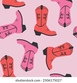 Seamless pattern wild west. Cowgirl pink and red boots repeating. Flat style hand drawn wallpaper. Howdy Art Prints