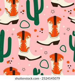 Seamless pattern with Wild West elements and squiggles on a pink background. Cowboy boots, cactus, stars, spots, dots. A pattern for design, wallpapers, banners, posters