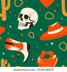 Seamless pattern with Wild West elements and squiggles on a green background. Cowboy boots, cactus, cowboy hat, human skull, stars, spots, dots. A pattern for design, wallpapers, banners, posters