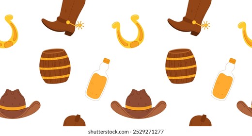 Seamless pattern Wild West elements, cowboy hats, boots with spurs, barrels, whiskey bottles, and golden horseshoes. 