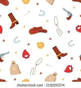 Seamless pattern Wild West set of vector illustrations. Cowboy western elements icon. hat, neckerchief, boots, lasso, horseshoe, bag and money, pistol and cigarette