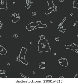Seamless pattern wild west set of vector illustrations. Cowboy western elements icon. hat, neckerchief, boots, horseshoe, bag and money, pistol