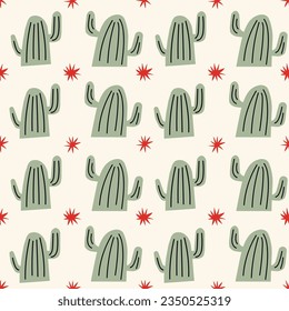 Seamless pattern in wild west style. Background with cactus and star. Boho. Western. Great for wallpaper, backgrounds, packaging, fabric, scrapbook