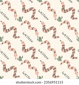 Seamless pattern in wild west style with snake and cactus. Background with worm. Western. Great for wallpaper, backgrounds, packaging, fabric, scrapbook