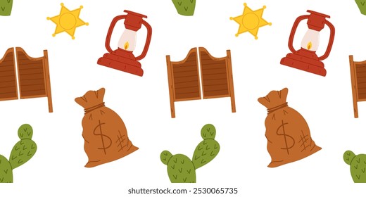 Seamless pattern Wild West theme elements sheriff badges, saloon doors, lanterns, money bags, and cacti. Design is suitable textiles, wallpapers, and stationery with a cowboy or western theme