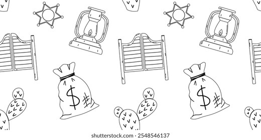 Seamless pattern Wild West theme elements sheriff badges, saloon doors, lanterns, money bags, and cacti. Design is suitable textiles, wallpapers, and stationery with a cowboy or western theme